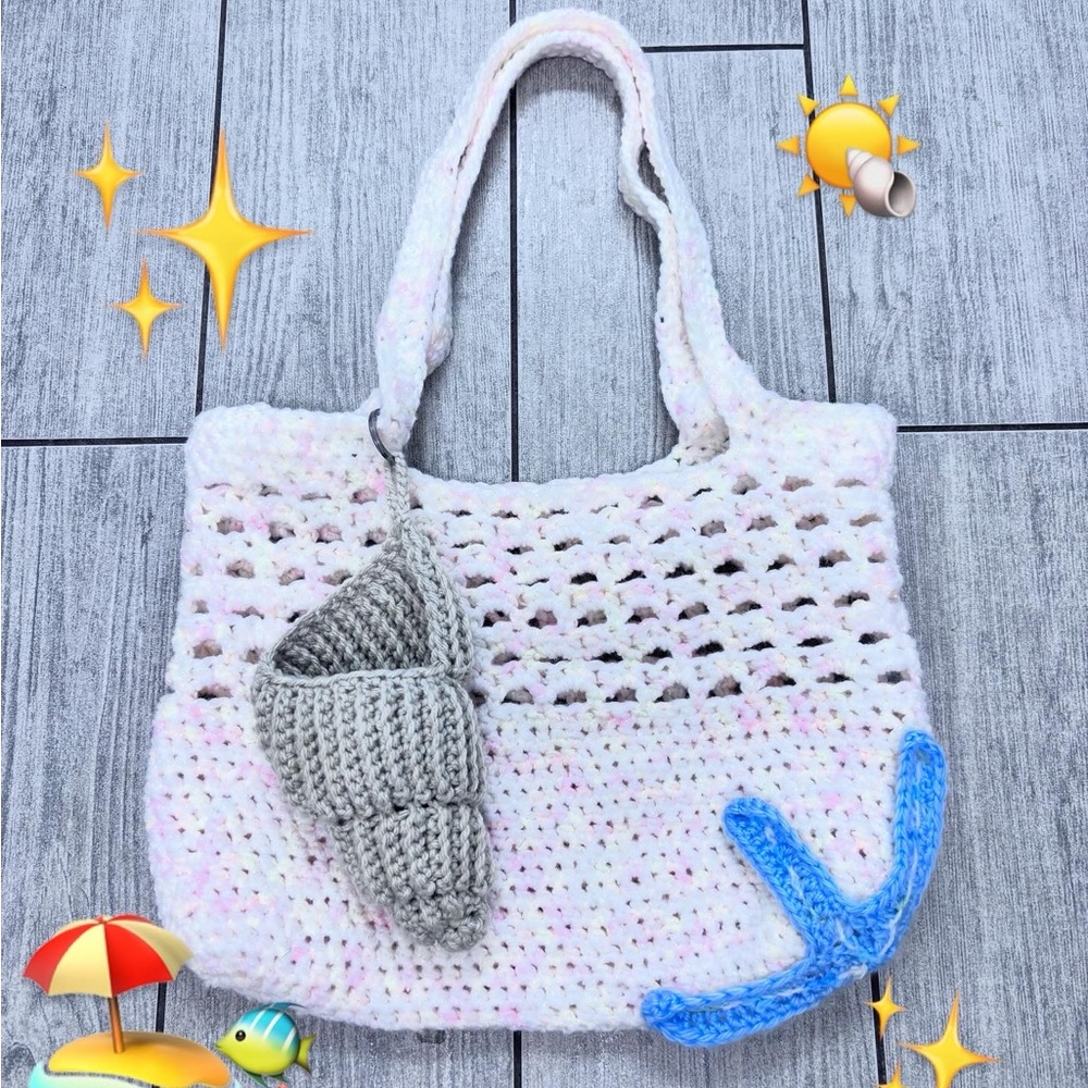 Elegant Crochet Tote Bag - Cream and Gray